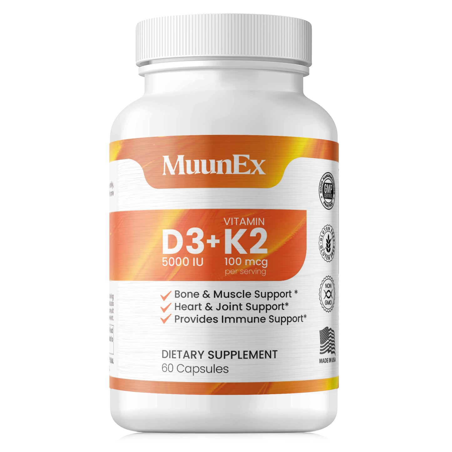 Muunex Vitamin D3+K2 (5000iu/125mcg) with BioPerine - 60 Capsules