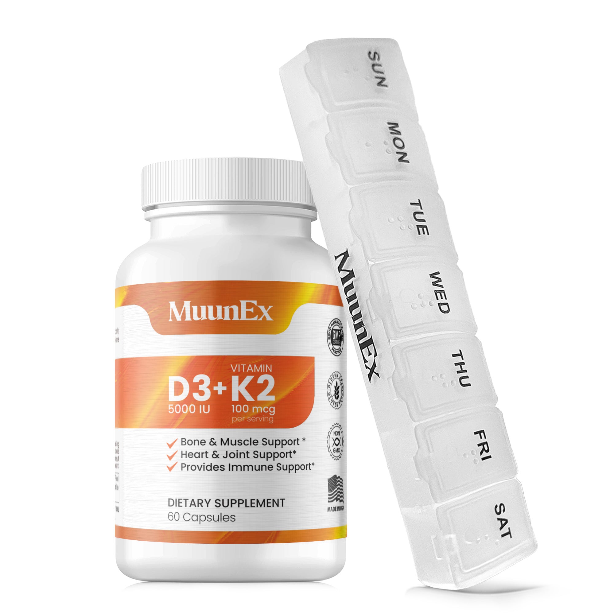 Muunex Vitamin D3+K2 (5000iu/125mcg) with BioPerine - 60 Capsules